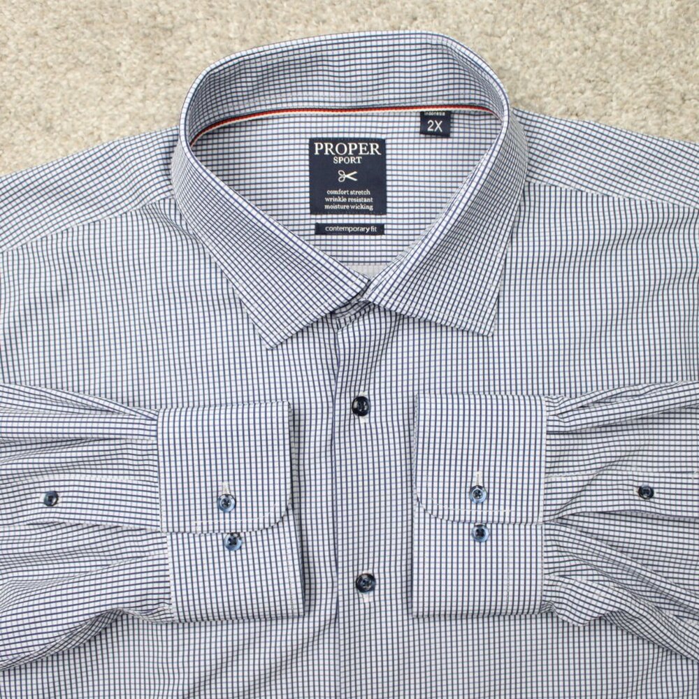 Proper Sport Shirt Mens 2XL Blue Comfort Stretch Wrinkle Resistant Long Sleeve